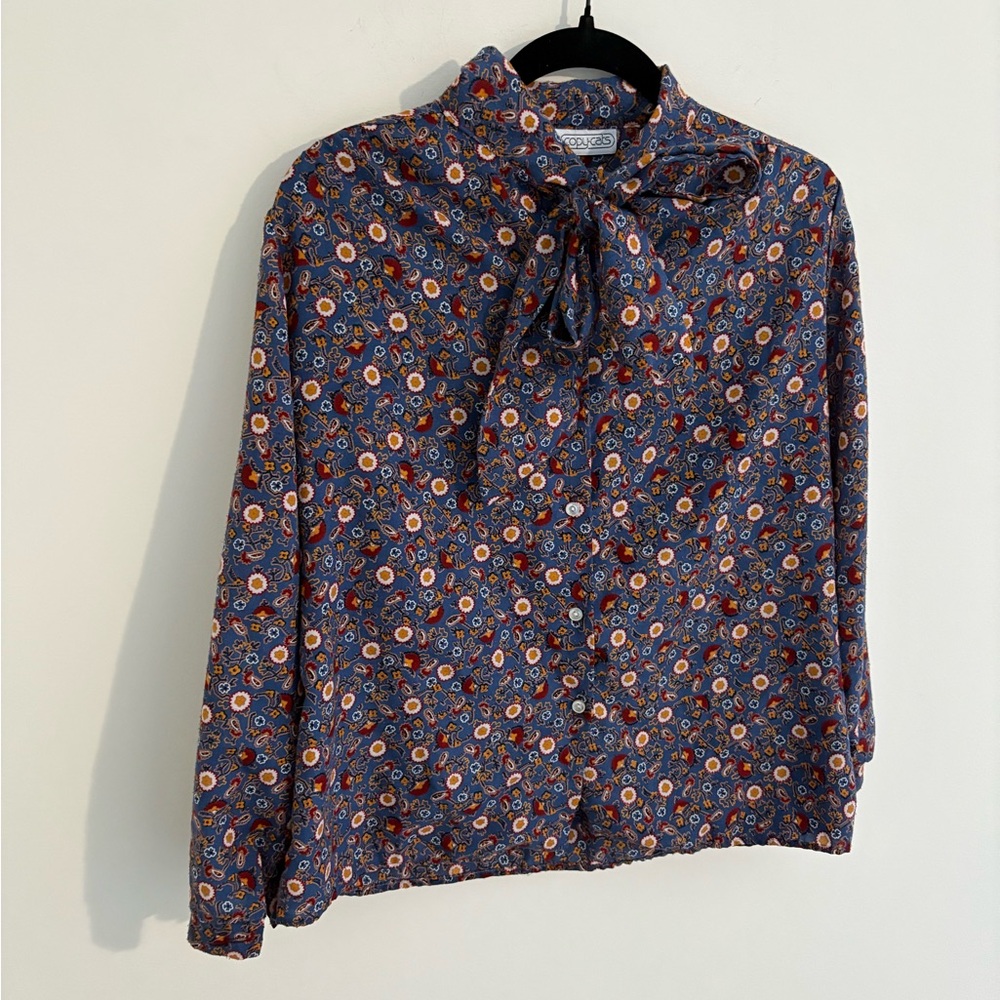 Vintage America Navy Floral Tie-Neck Blouse